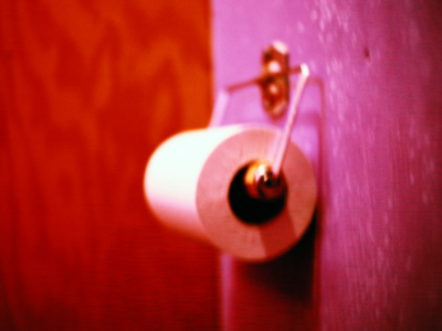Toilet paper on holder placed on a pink wall.